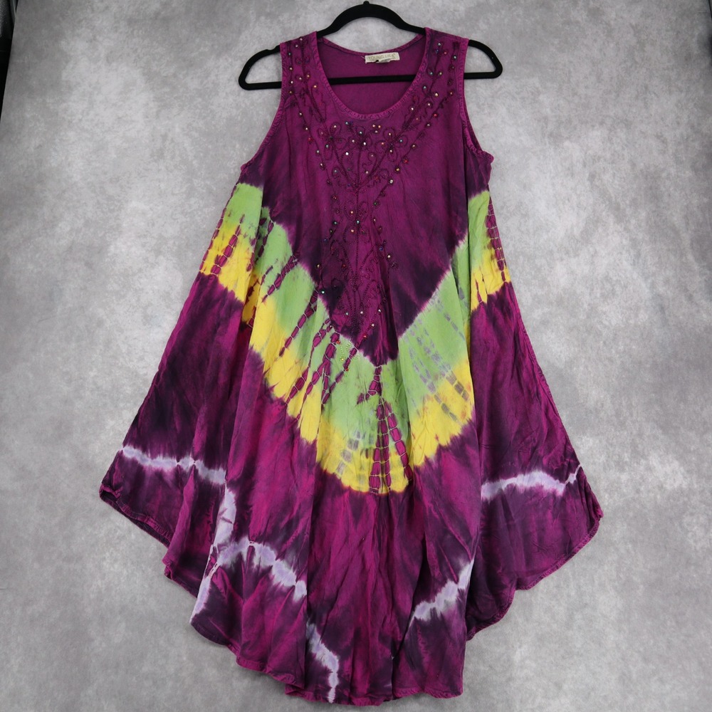 Young USA Swing Dress Tie Dye Beaded Sleeveless Boho Festival Peasant Hippie Y2K